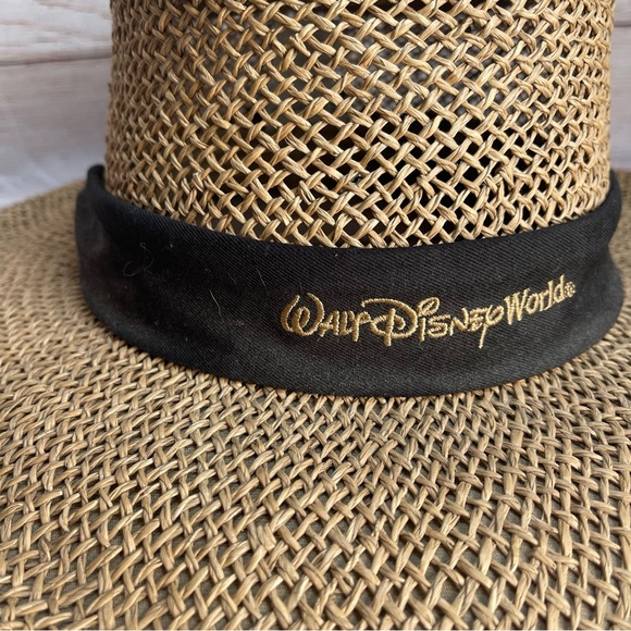 Walt Disney World Flat Brim Hat Natural Straw Black Ribbon Adult Size Parks Sun - Picture 2 of 8
